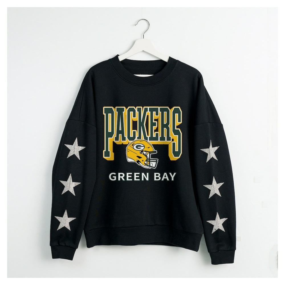 Green Bay Packers Gameday Couture Women's Pure Victory Rhinestud Star-Sleeve Pullover Sweatshirt Black | NFL
