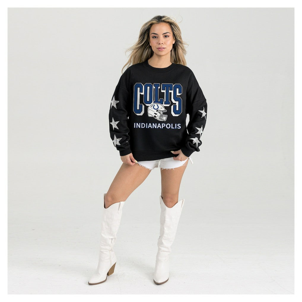 Indianapolis Colts Gameday Couture Women's Pure Victory Rhinestud Star-Sleeve Pullover Sweatshirt Black | NFL