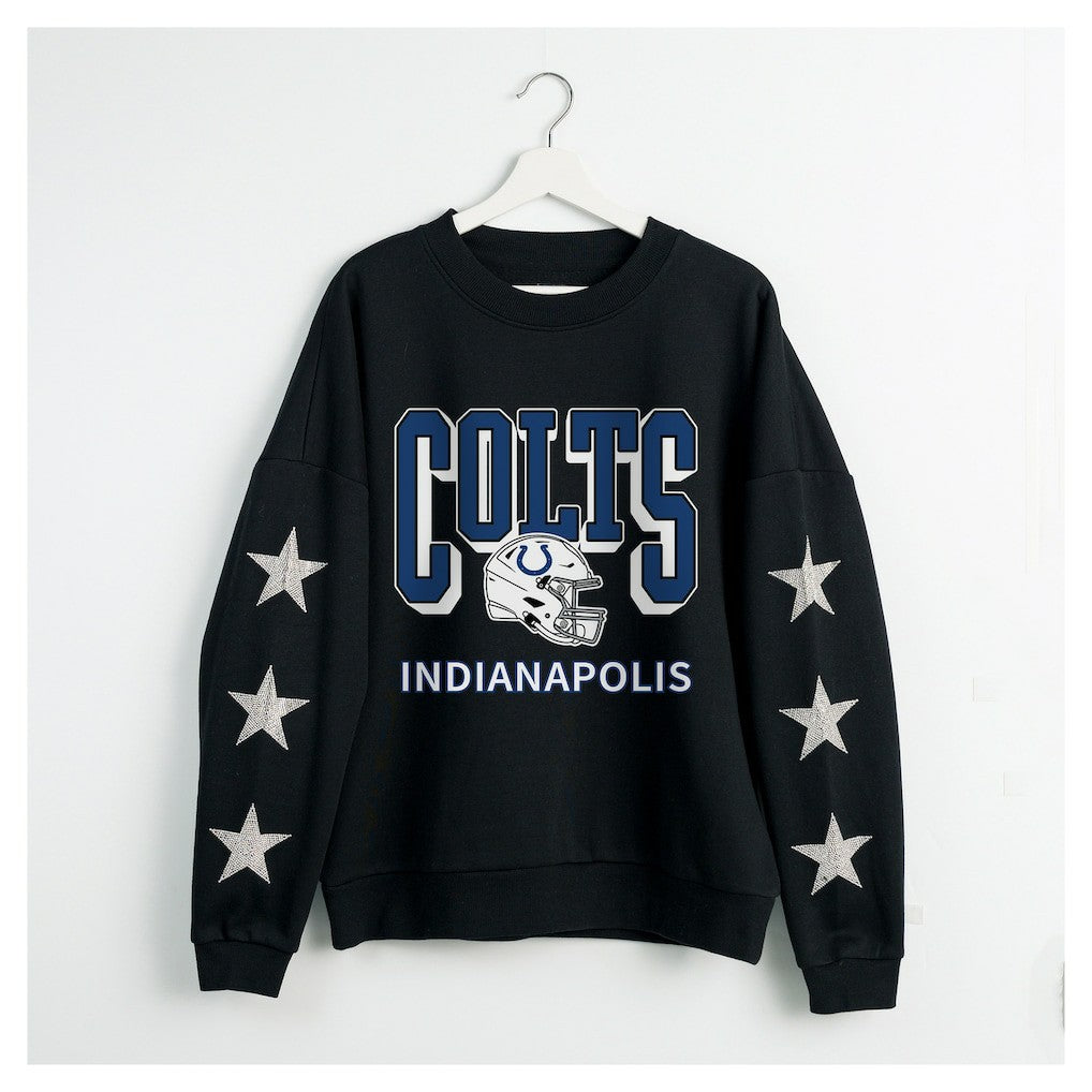 Indianapolis Colts Gameday Couture Women's Pure Victory Rhinestud Star-Sleeve Pullover Sweatshirt Black | NFL