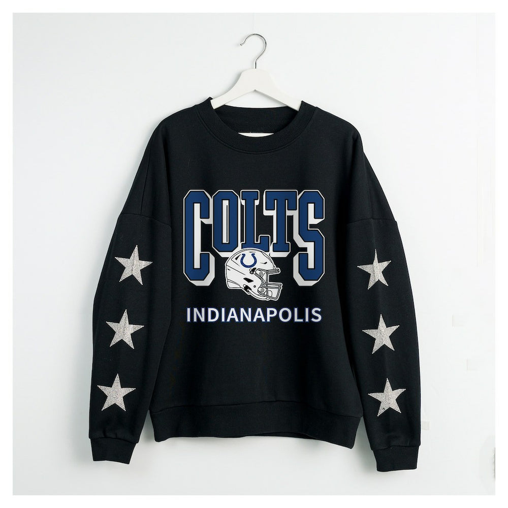 Indianapolis Colts Gameday Couture Women's Pure Victory Rhinestud Star-Sleeve Pullover Sweatshirt Black | NFL