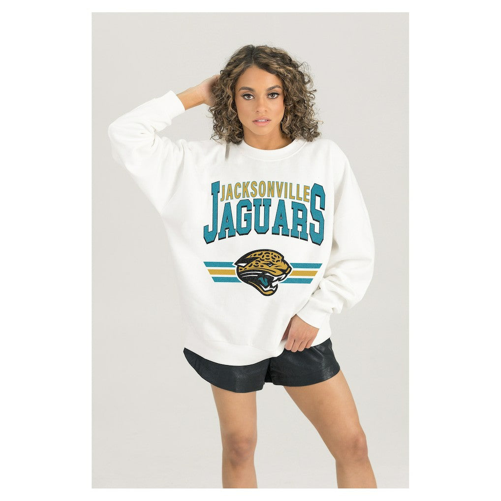 Jacksonville Jaguars Gameday Couture Women's Swift Strike Premium Oversized Fleece Pullover Sweatshirt White | NFL