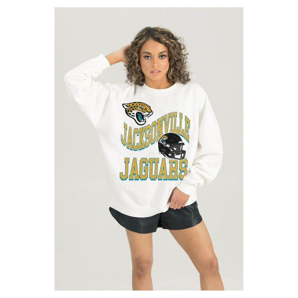 Jacksonville Jaguars Gameday Couture Women's Oversized Hard Earned Premium Fleece Pullover Sweatshirt White | NFL