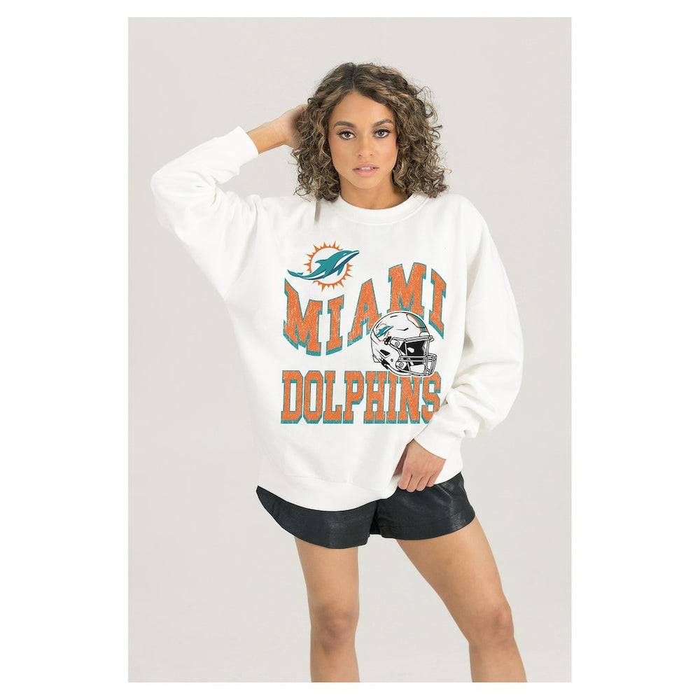 Miami Dolphins Gameday Couture Women's Oversized Hard Earned Premium Fleece Pullover Sweatshirt White | NFL
