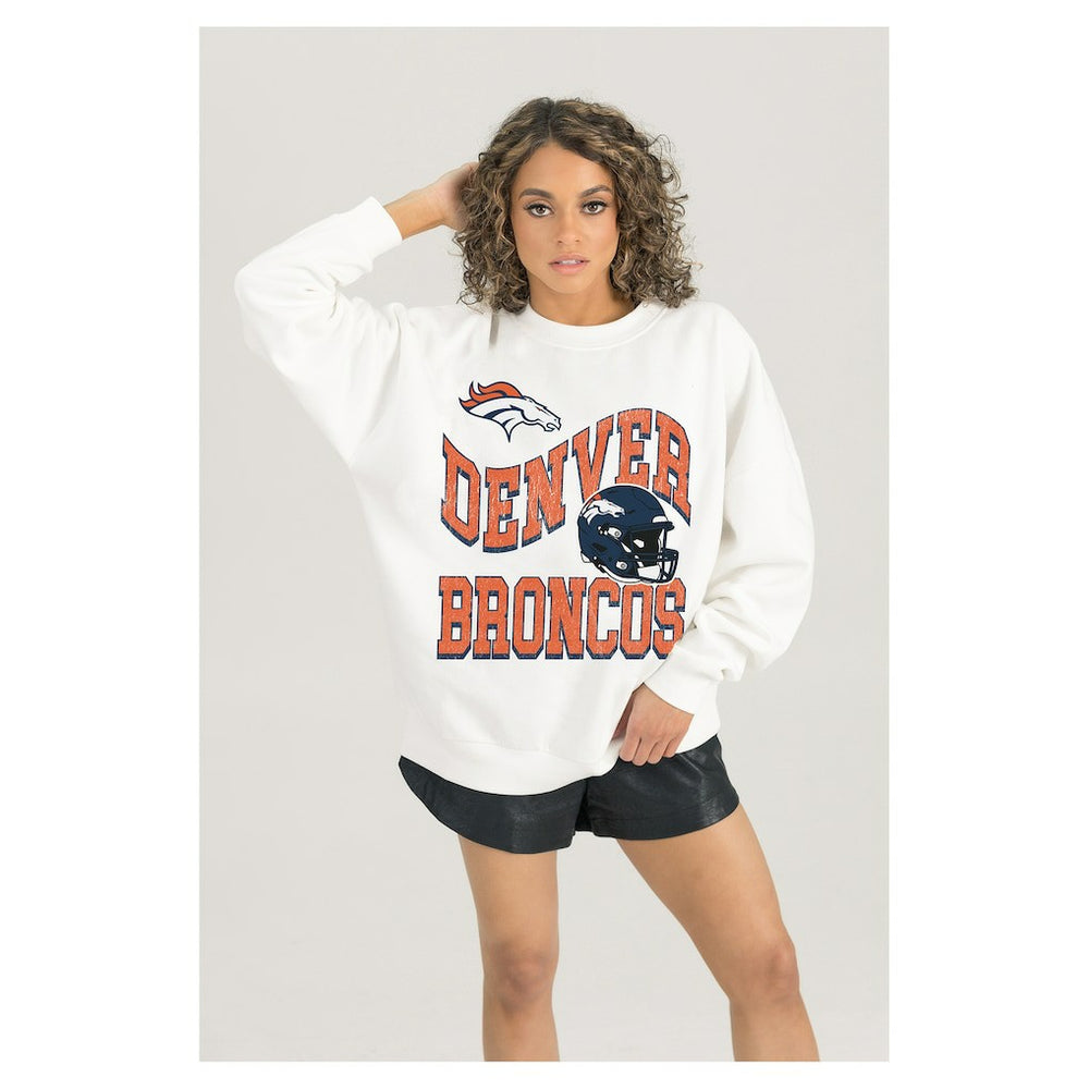 Denver Broncos Gameday Couture Women's Oversized Hard Earned Premium Fleece Pullover Sweatshirt White | NFL