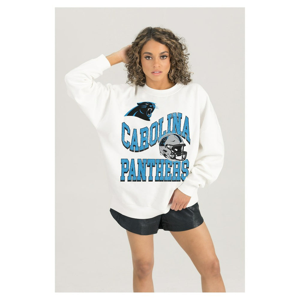 Carolina Panthers Gameday Couture Women's Oversized Hard Earned Premium Fleece Pullover Sweatshirt White | NFL