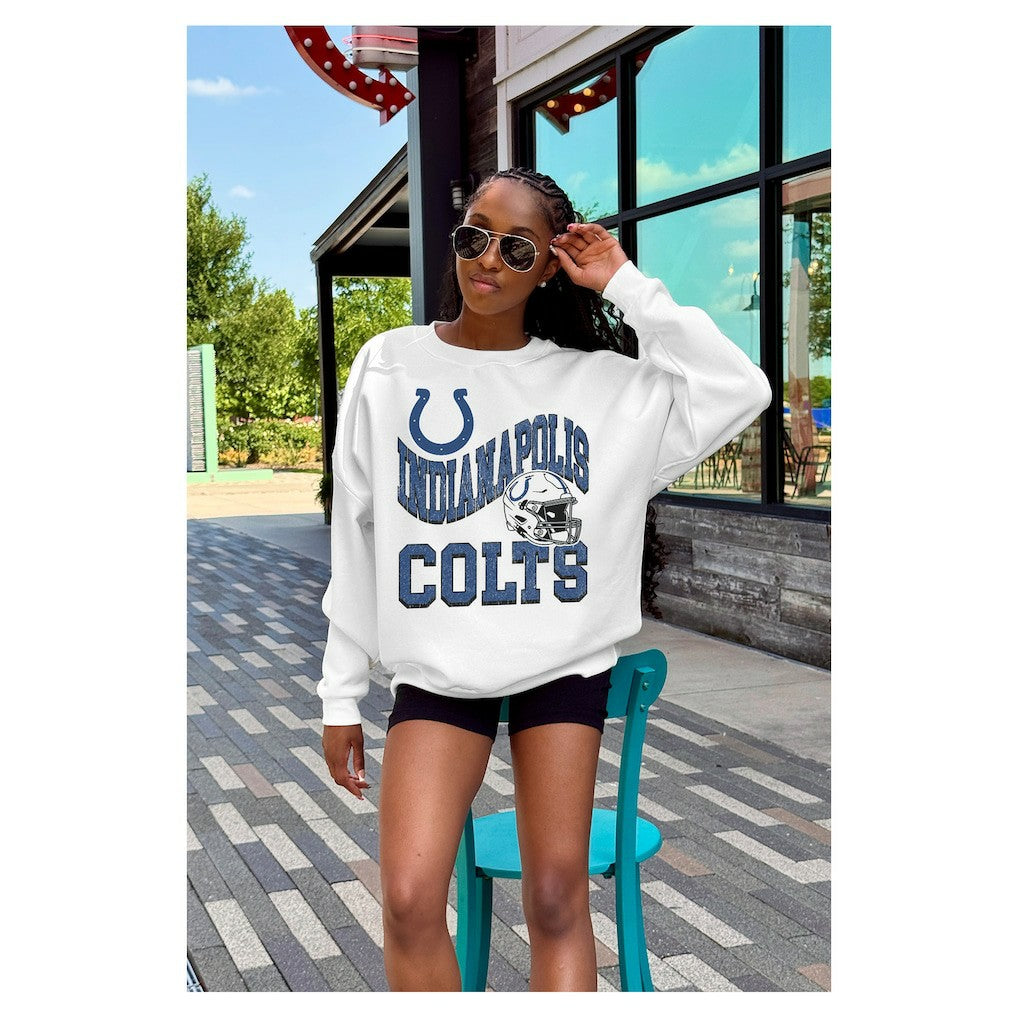 Indianapolis Colts Gameday Couture Women's Oversized Hard Earned Premium Fleece Pullover Sweatshirt White | NFL