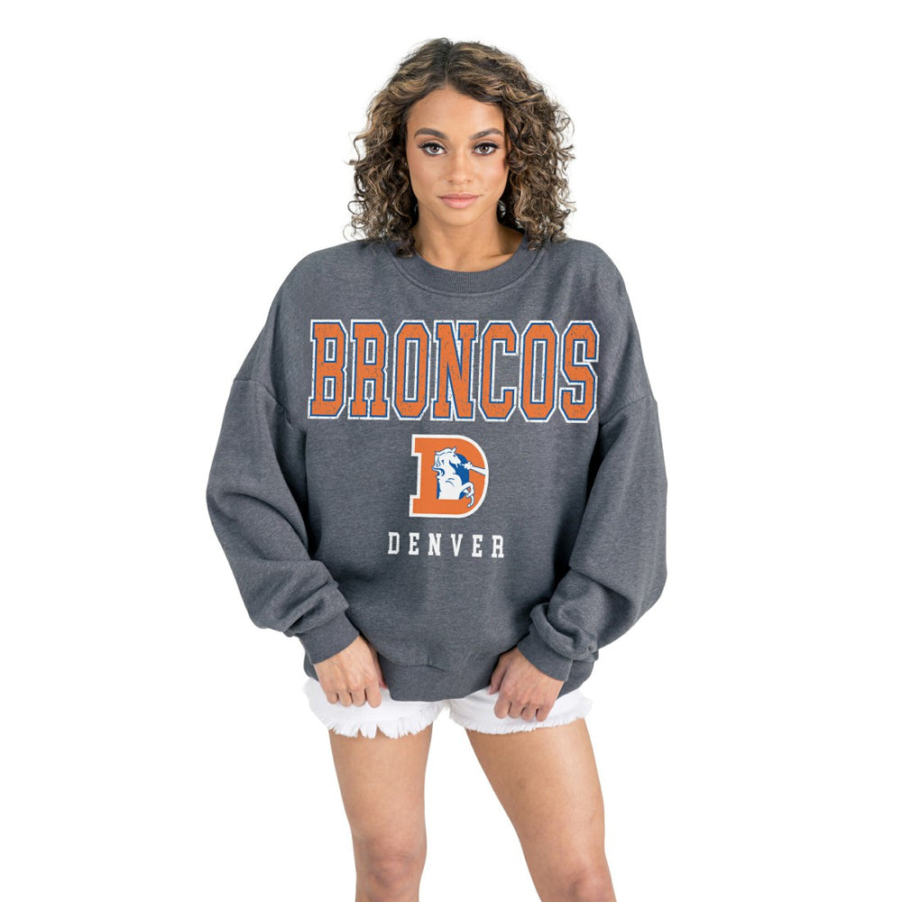 Denver Broncos Gameday Couture Women's Bring Your Energy Oversized Premium Fleece Pullover Sweatshirt Charcoal | NFL
