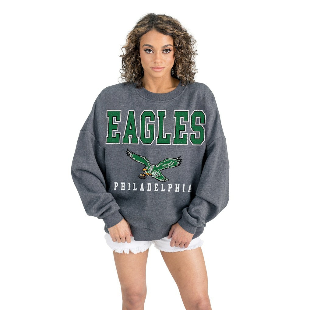 Philadelphia Eagles Gameday Couture Women's Bring Your Energy Oversized Premium Fleece Pullover Sweatshirt Charcoal | NFL