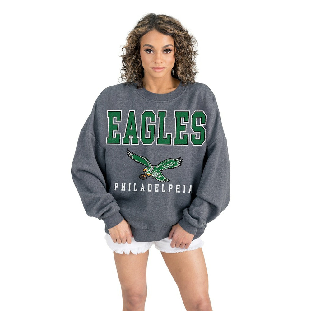 Philadelphia Eagles Gameday Couture Women's Bring Your Energy Oversized Premium Fleece Pullover Sweatshirt Charcoal | NFL