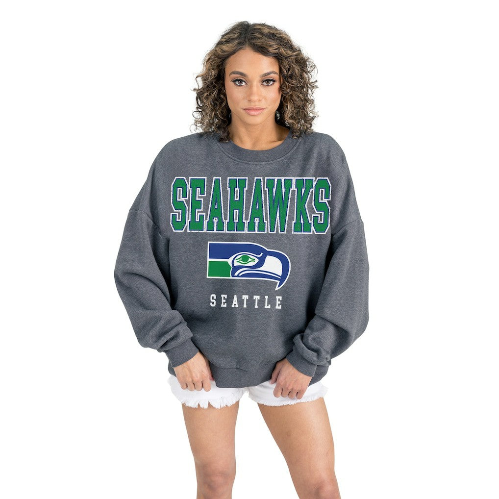 Seattle Seahawks Gameday Couture Women's Bring Your Energy Oversized Premium Fleece Pullover Sweatshirt Charcoal | NFL