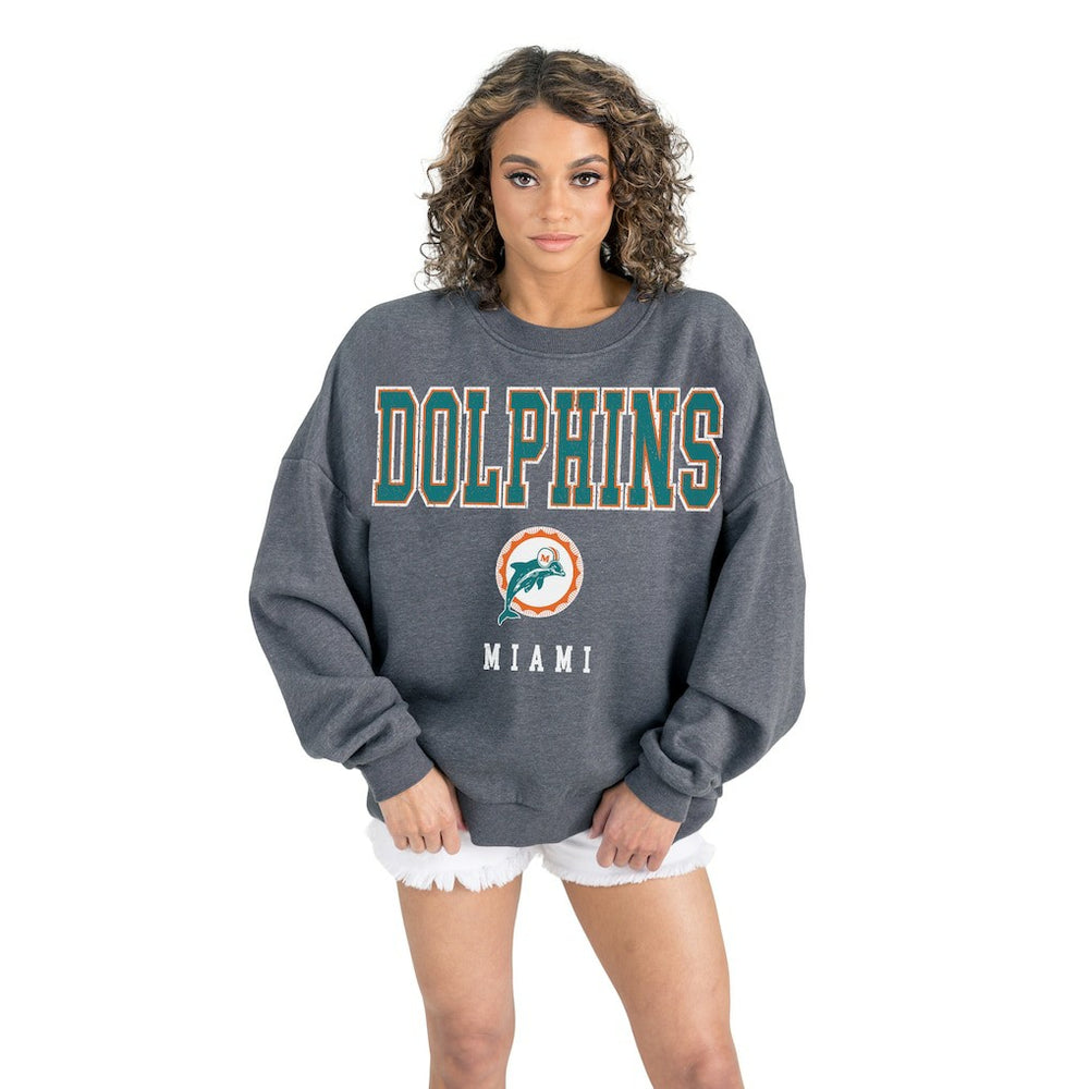 Miami Dolphins Gameday Couture Women's Bring Your Energy Oversized Premium Fleece Pullover Sweatshirt Charcoal | NFL