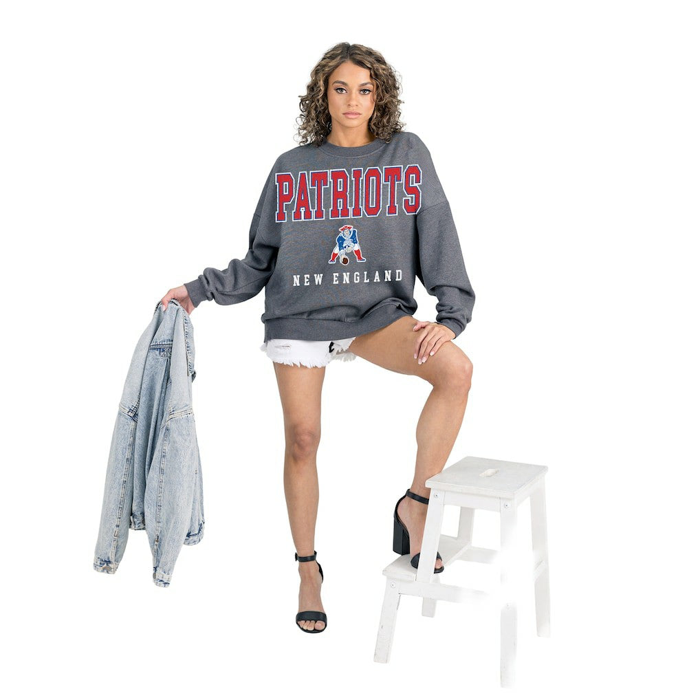 New England Patriots Gameday Couture Women's Bring Your Energy Oversized Premium Fleece Pullover Sweatshirt Charcoal | NFL