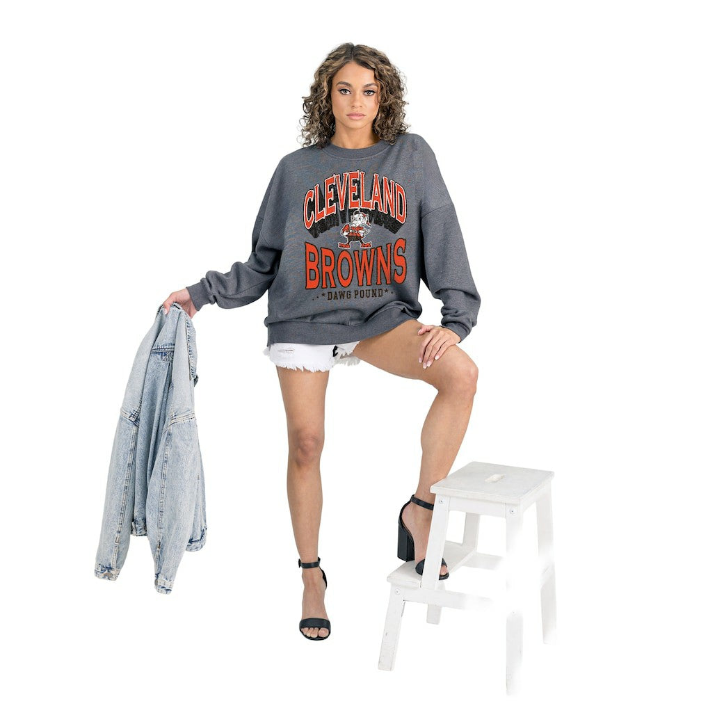 Cleveland Browns Gameday Couture Women's Long Weekends Oversized Premium Fleece Pullover Sweatshirt Charcoal | NFL