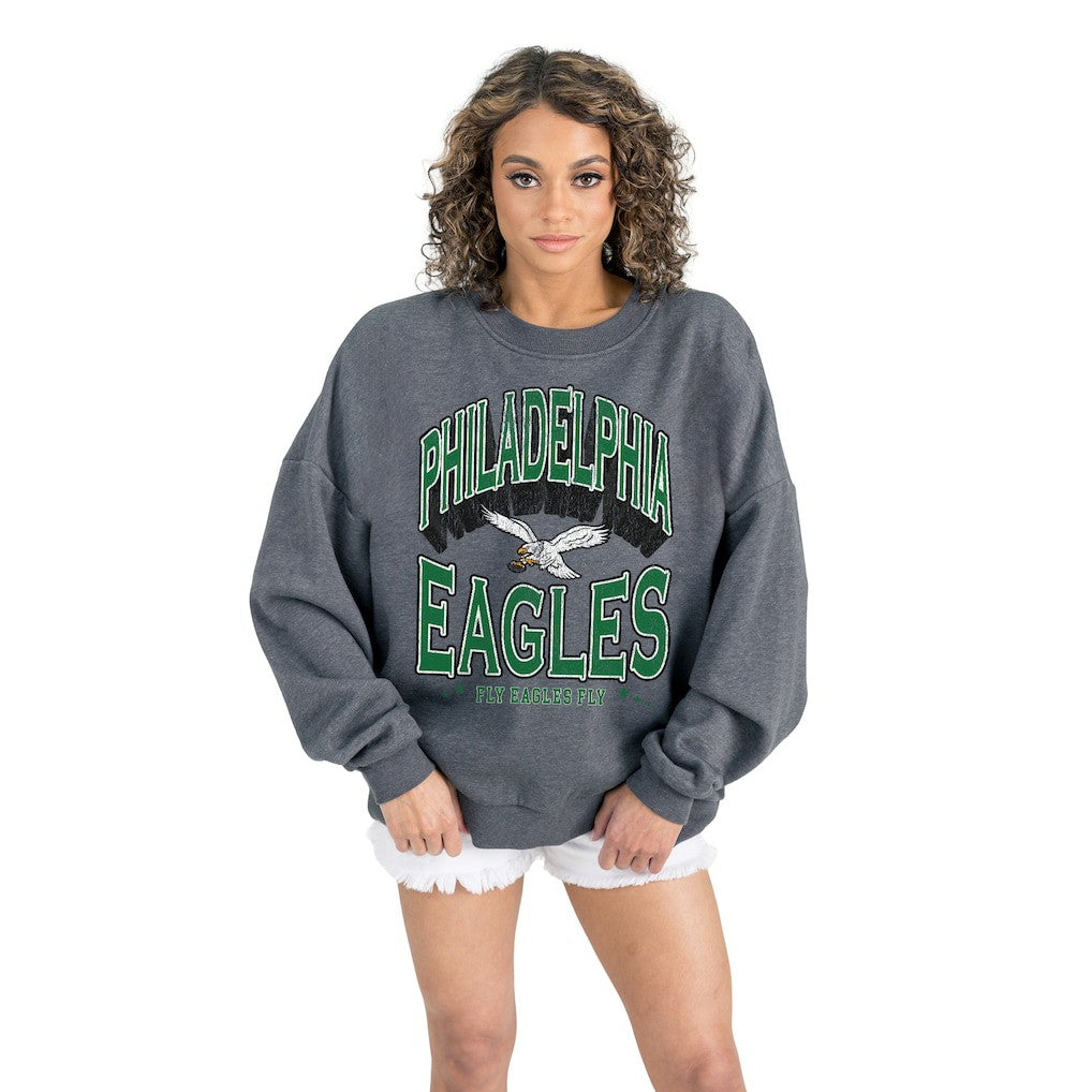Philadelphia Eagles Gameday Couture Women's Long Weekends Oversized Premium Fleece Pullover Sweatshirt Charcoal | NFL