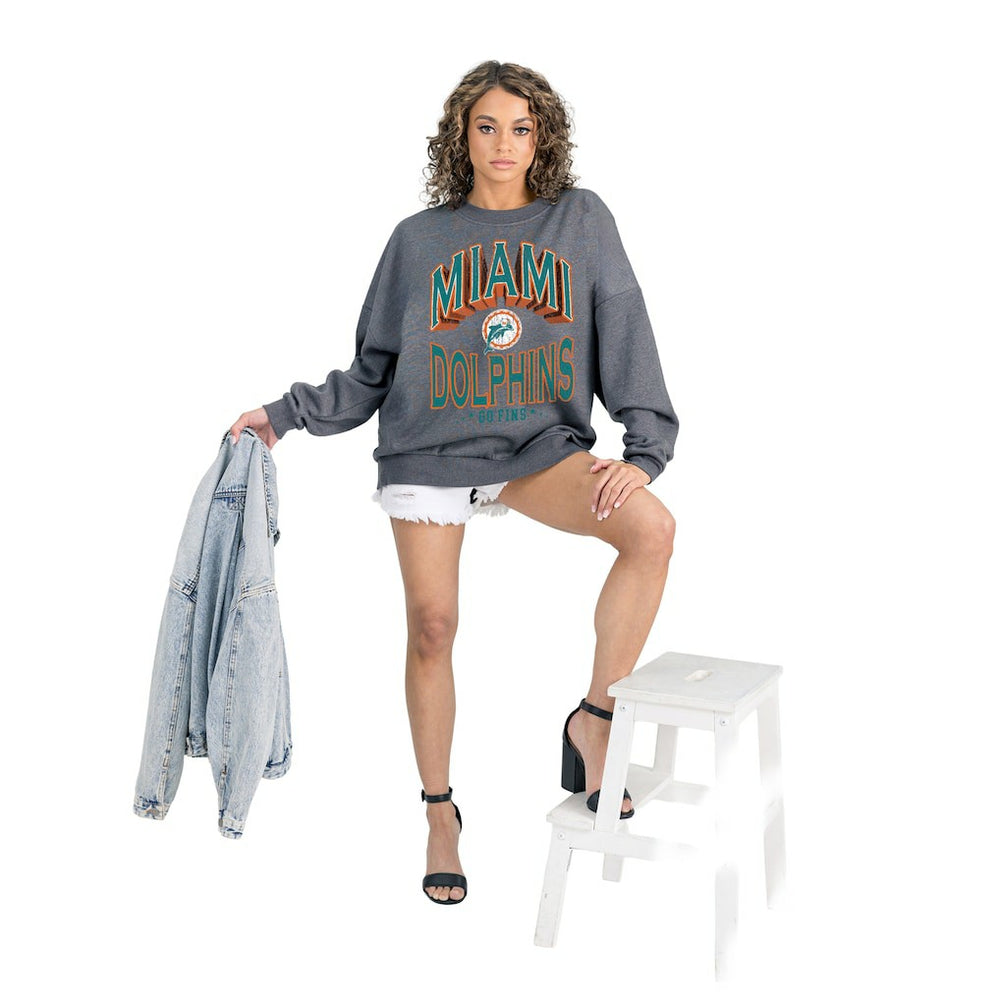 Miami Dolphins Gameday Couture Women's Long Weekends Oversized Premium Fleece Pullover Sweatshirt Charcoal | NFL