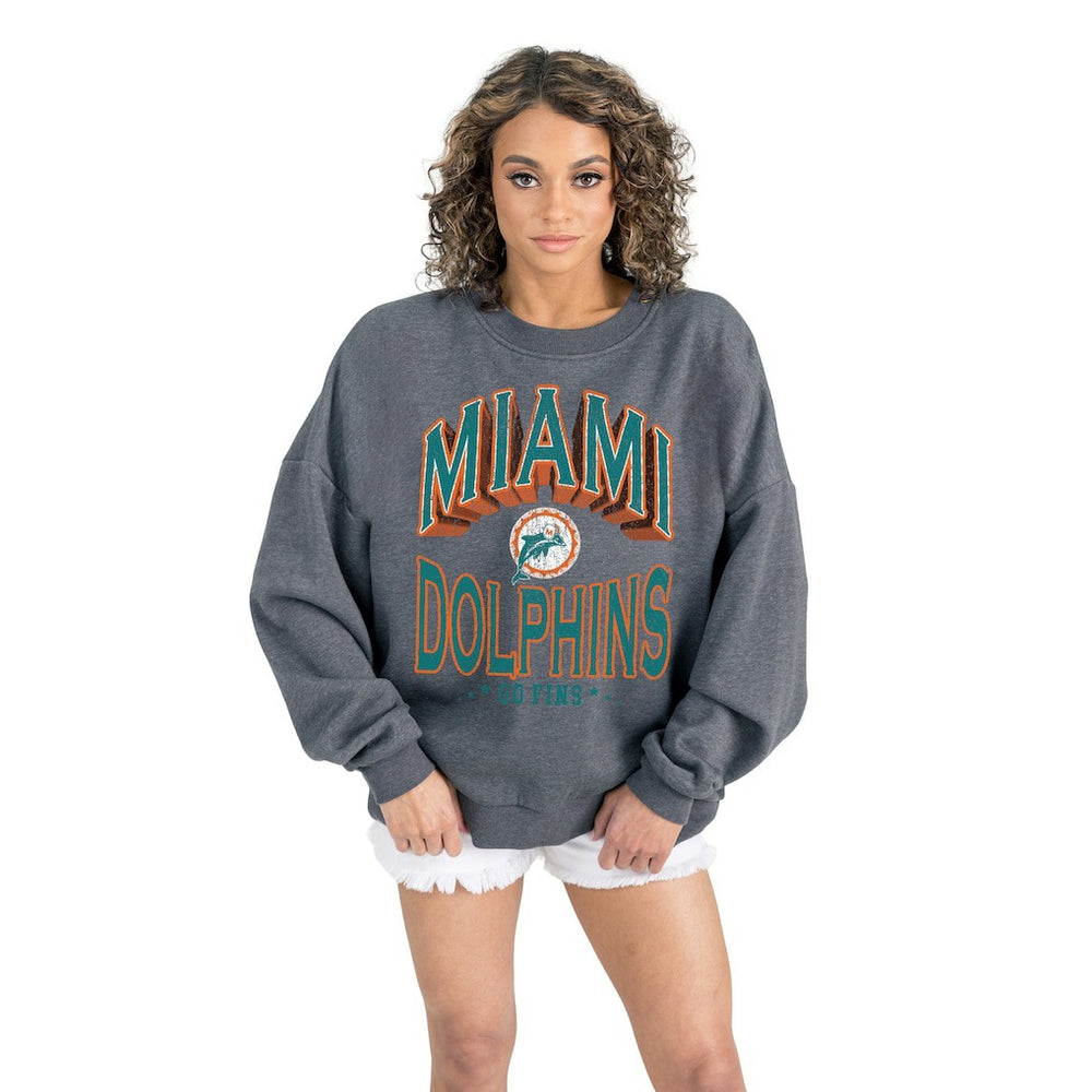 Miami Dolphins Gameday Couture Women's Long Weekends Oversized Premium Fleece Pullover Sweatshirt Charcoal | NFL