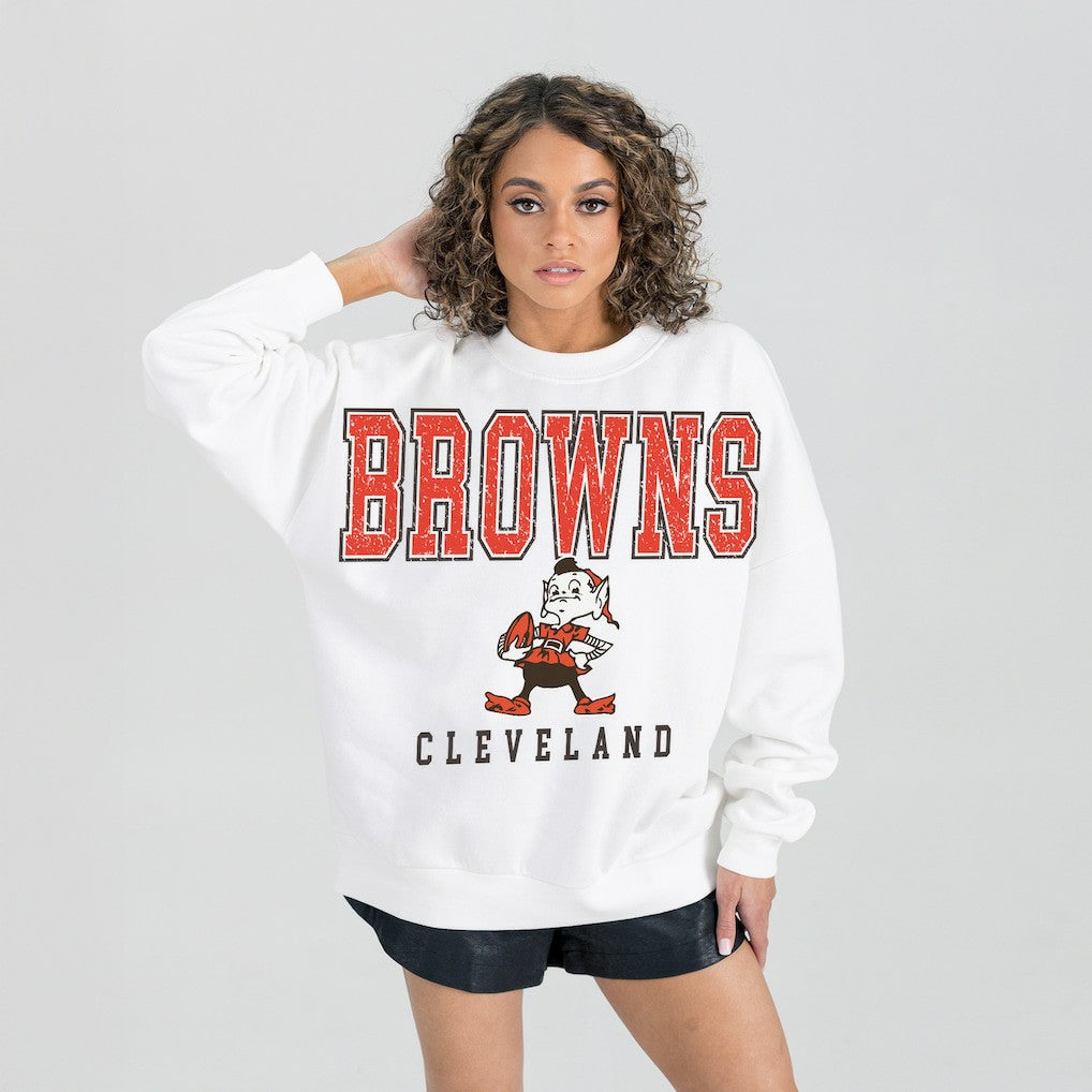 Cleveland Browns Gameday Couture Women's Classic Sunday Drives Oversized Premium Fleece Pullover Sweatshirt White | NFL