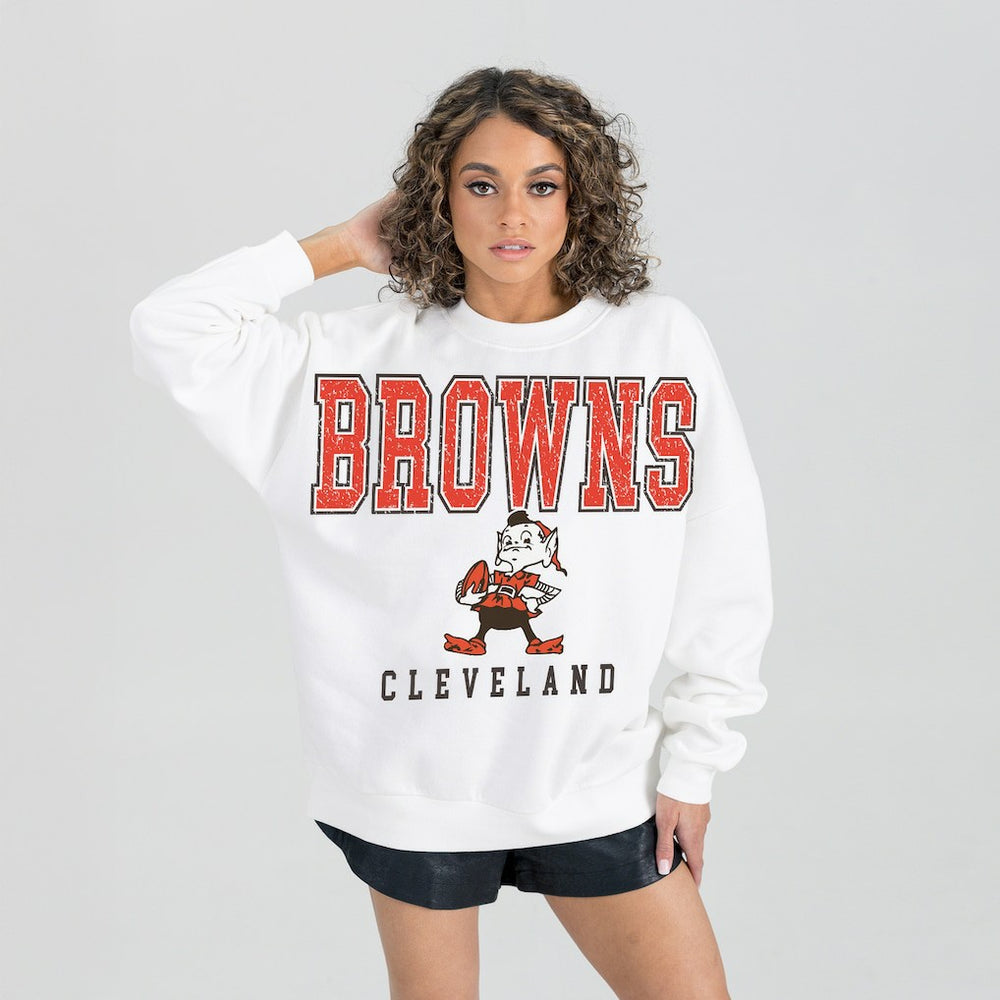 Cleveland Browns Gameday Couture Women's Classic Sunday Drives Oversized Premium Fleece Pullover Sweatshirt White | NFL