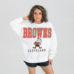Cleveland Browns Gameday Couture Women's Classic Sunday Drives Oversized Premium Fleece Pullover Sweatshirt White | NFL