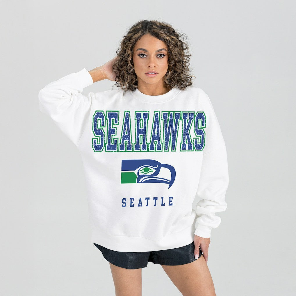 Seattle Seahawks Gameday Couture Women's Classic Sunday Drives Oversized Premium Fleece Pullover Sweatshirt White | NFL