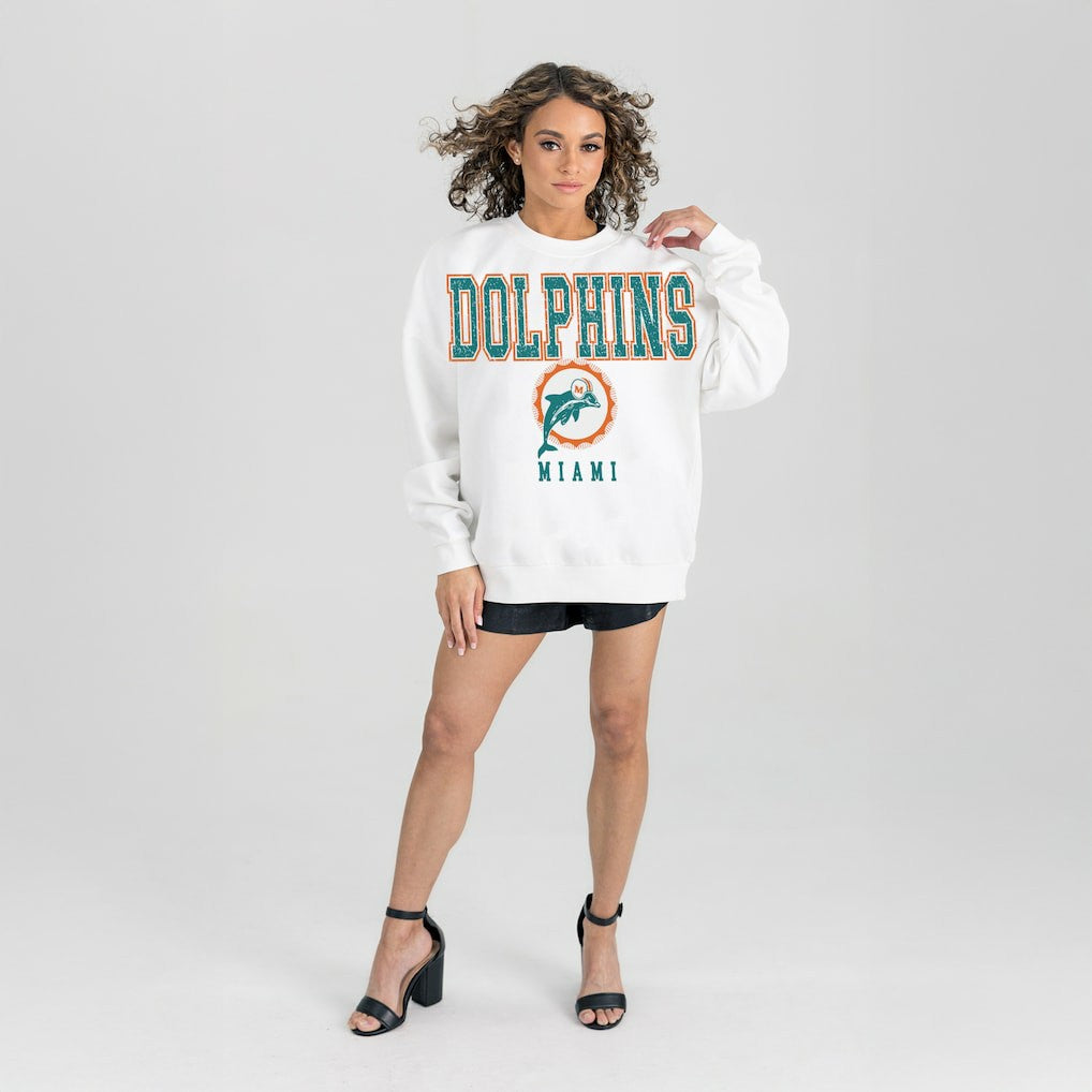Miami Dolphins Gameday Couture Women's Classic Sunday Drives Oversized Premium Fleece Pullover Sweatshirt White | NFL
