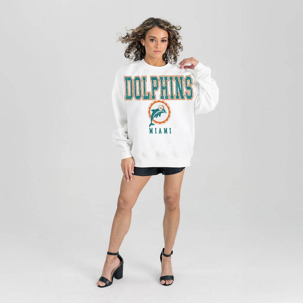 Miami Dolphins Gameday Couture Women's Classic Sunday Drives Oversized Premium Fleece Pullover Sweatshirt White | NFL