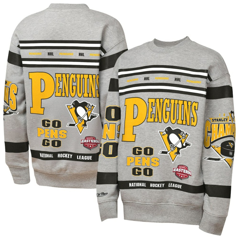 Pittsburgh Penguins Mitchell & Ness Youth Allover Print Fleece Crewneck Sweatshirt - Heather Gray - NHL