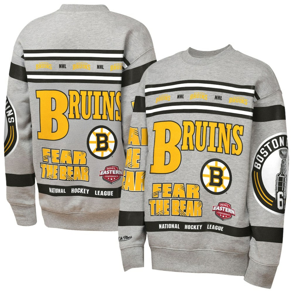 Boston Bruins Mitchell & Ness Youth Allover Print Fleece Crewneck Sweatshirt - Heather Gray - NHL