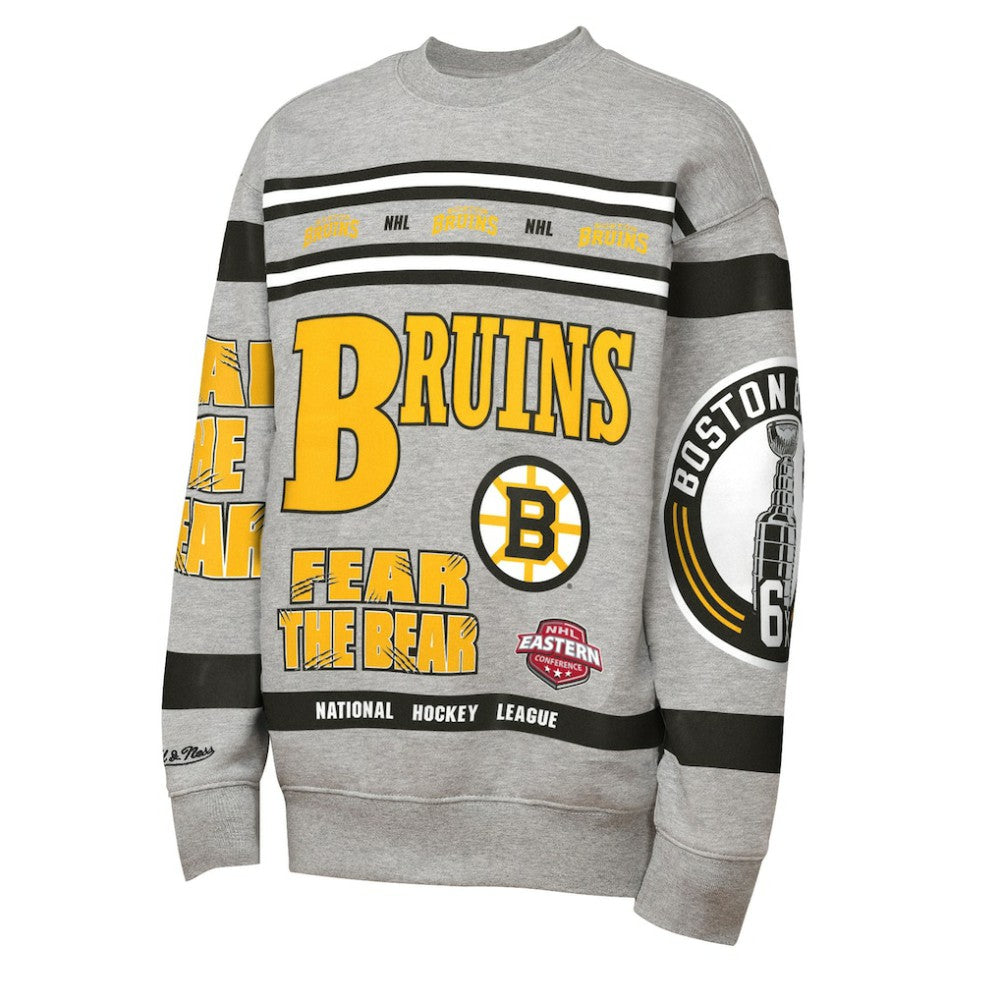 Boston Bruins Mitchell & Ness Youth Allover Print Fleece Crewneck Sweatshirt - Heather Gray - NHL