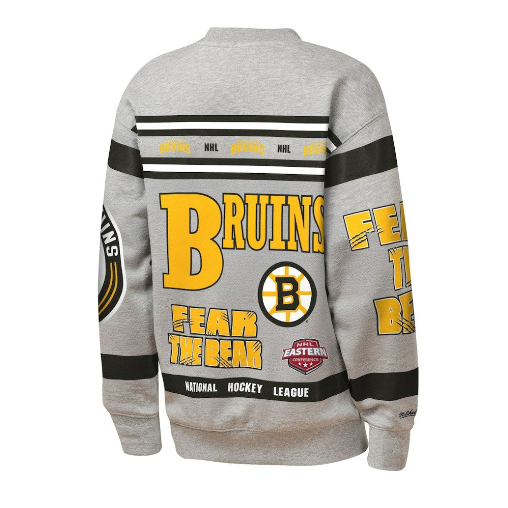Boston Bruins Mitchell & Ness Youth Allover Print Fleece Crewneck Sweatshirt - Heather Gray - NHL