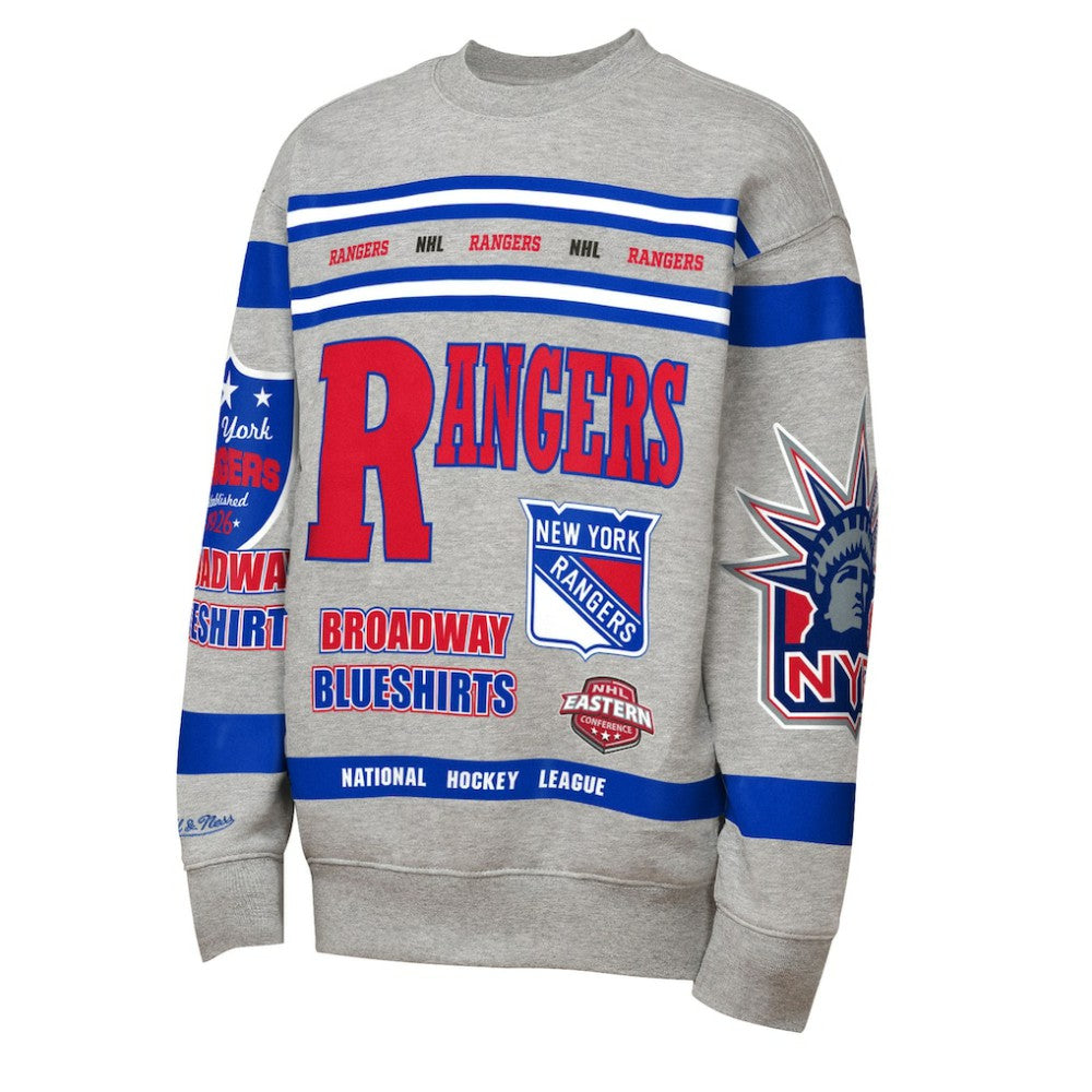 New York Rangers Mitchell & Ness Youth Allover Print Fleece Crewneck Sweatshirt - Heather Gray - NHL