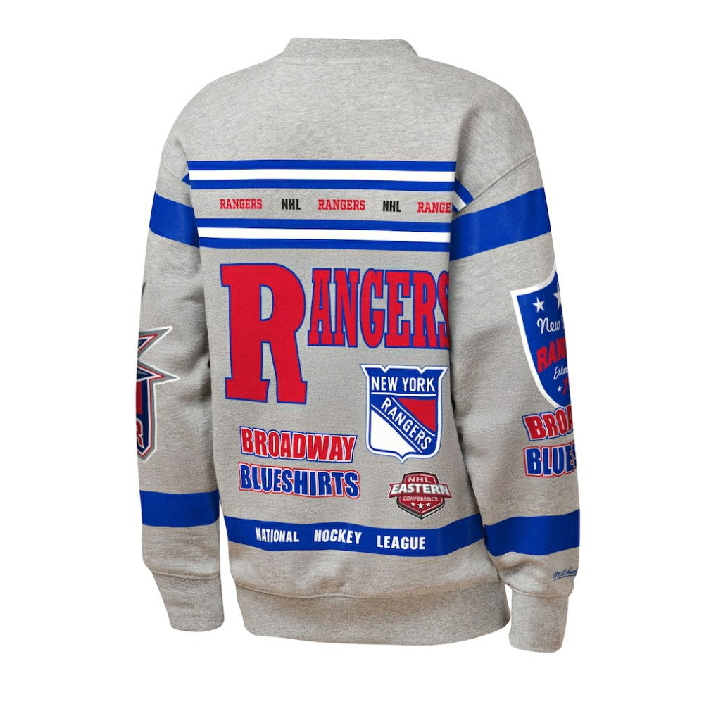New York Rangers Mitchell & Ness Youth Allover Print Fleece Crewneck Sweatshirt - Heather Gray - NHL