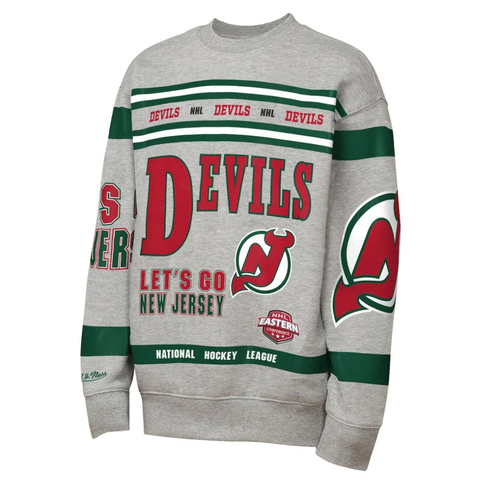 New Jersey Devils Mitchell & Ness Youth Allover Print Fleece Crewneck Sweatshirt - Heather Gray - NHL