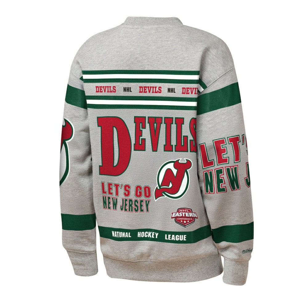 New Jersey Devils Mitchell & Ness Youth Allover Print Fleece Crewneck Sweatshirt - Heather Gray - NHL