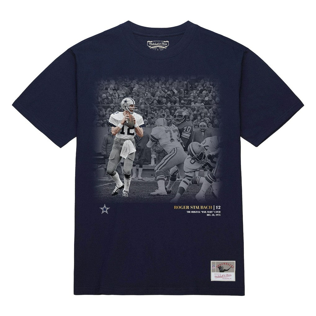 Roger Staubach Dallas Cowboys Moments T-Shirt Navy | Mitchell & Ness