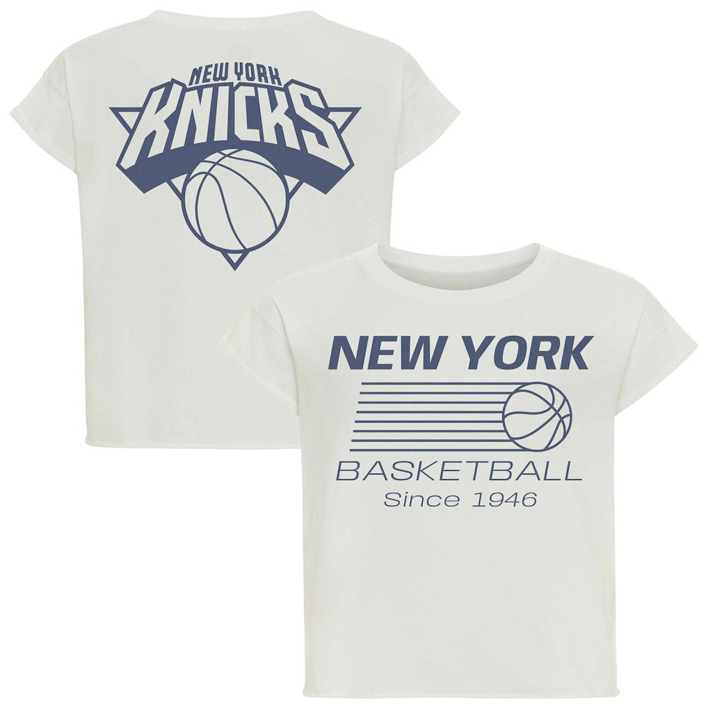 New York Knicks Sportiqe Women's Athletic Club Collection Alana Premium Cropped T-Shirt Cream - NBA