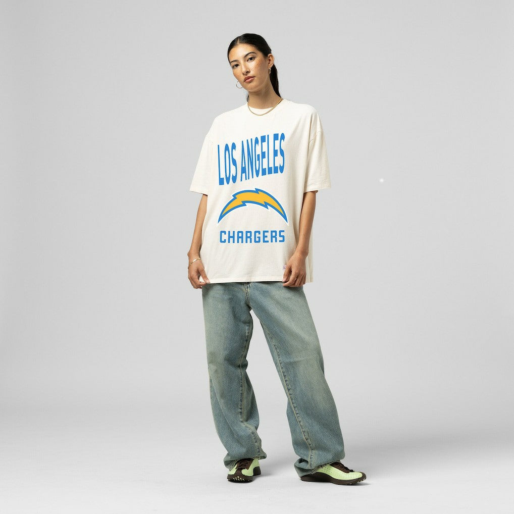 Los Angeles Chargers Women's Logo Rise Boyfriend T-Shirt Cream | Mitchell & Ness