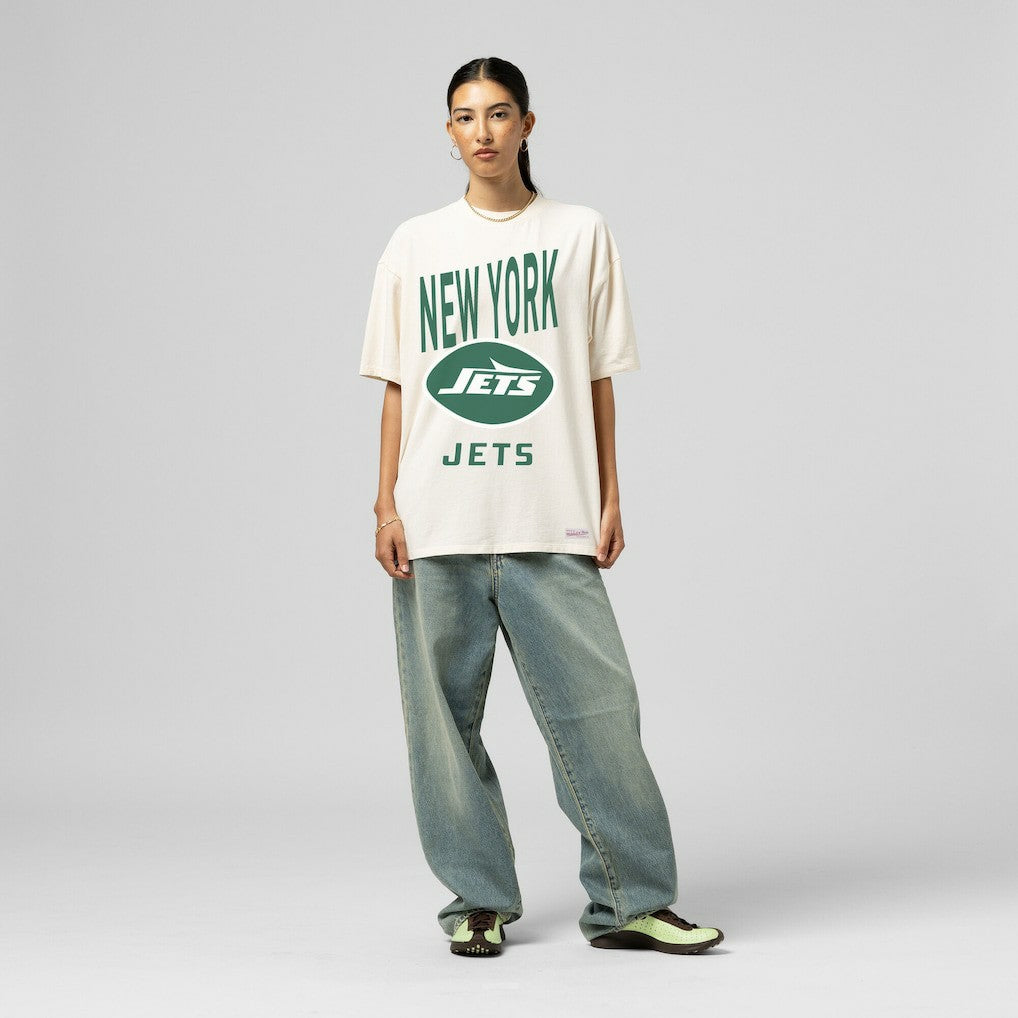 New York Jets Women's Logo Rise Boyfriend T-Shirt Cream | Mitchell & Ness