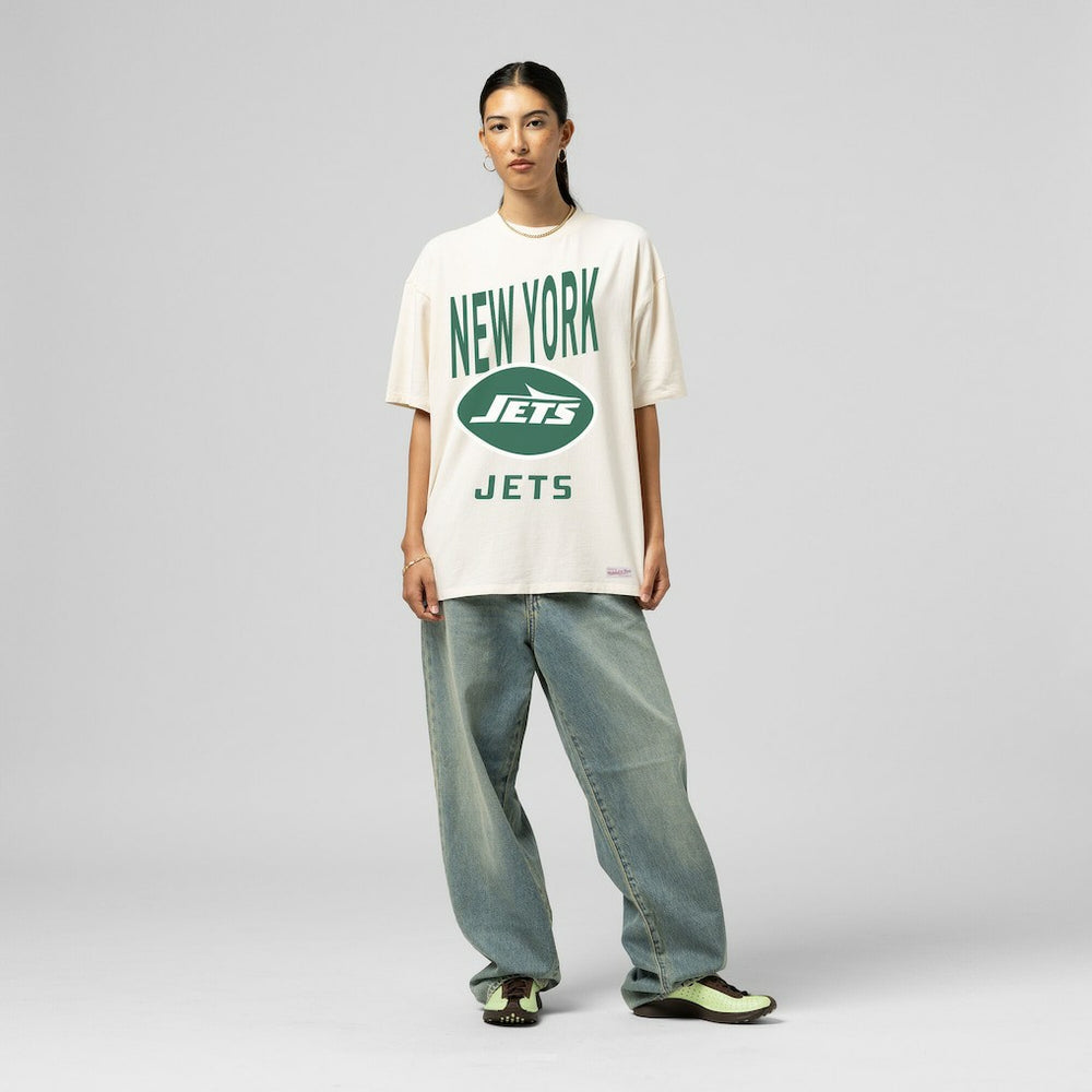 New York Jets Women's Logo Rise Boyfriend T-Shirt Cream | Mitchell & Ness