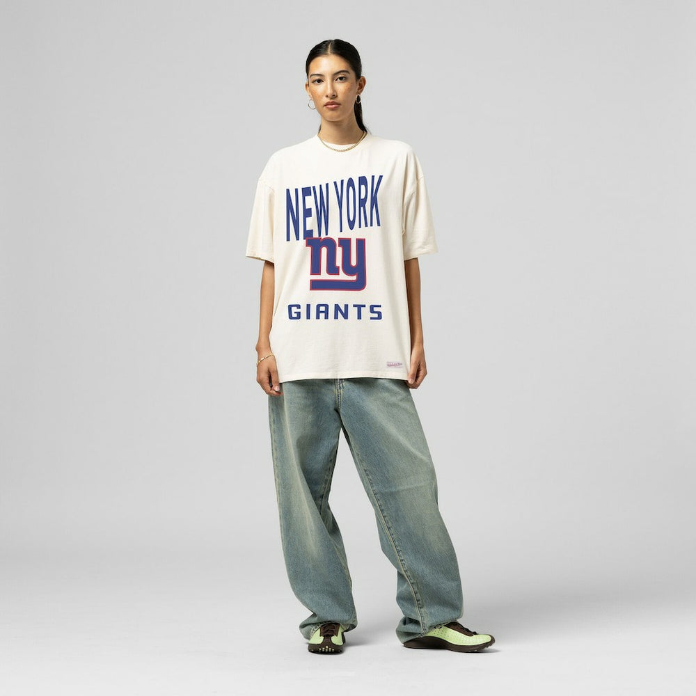 New York Giants Women's Logo Rise Boyfriend T-Shirt Cream | Mitchell & Ness