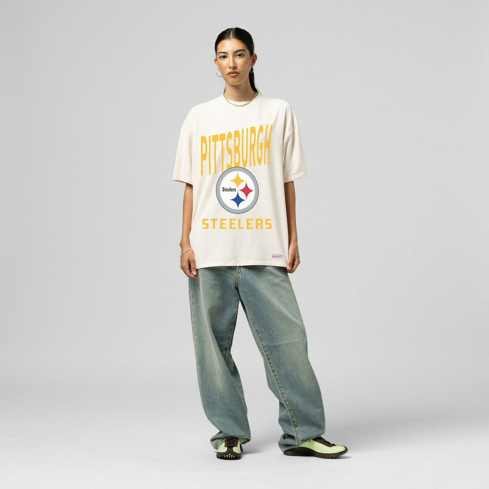 Pittsburgh Steelers Women's Logo Rise Boyfriend T-Shirt Cream | Mitchell & Ness