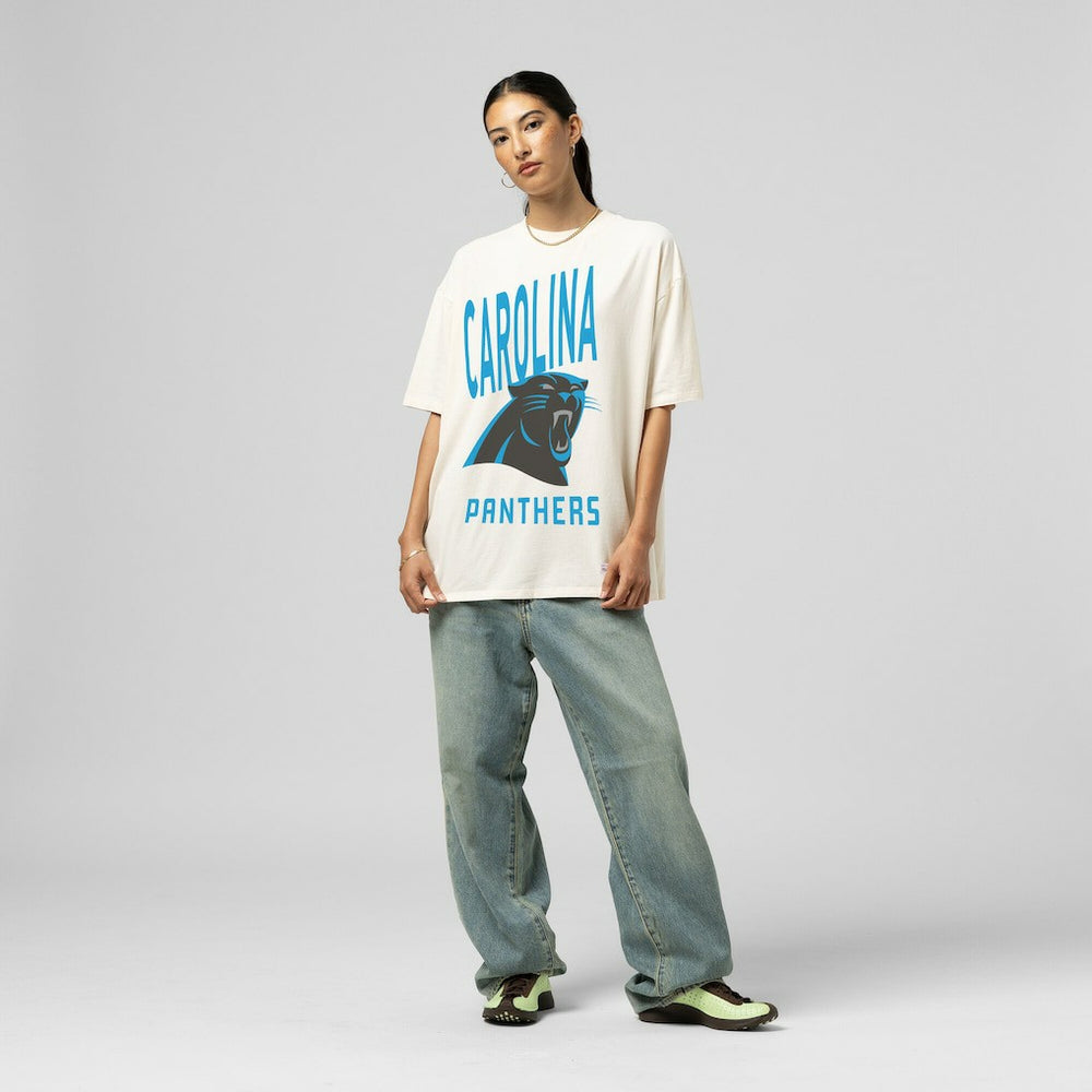 Carolina Panthers Women's Logo Rise Boyfriend T-Shirt Cream | Mitchell & Ness
