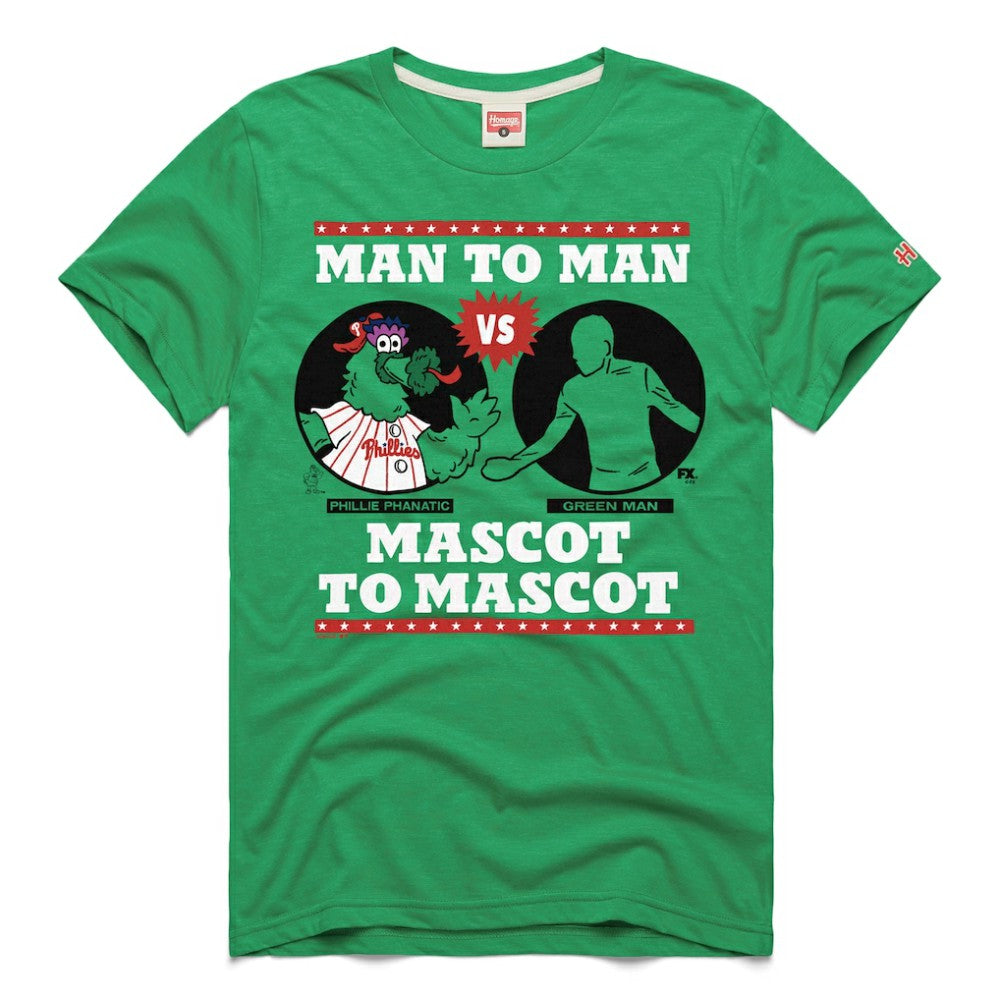 Philadelphia Phillies x It's Always Sunny in Philadelphia Homage Male Adult Phillie Phanatic vs Green Man T-Shirt - MLB