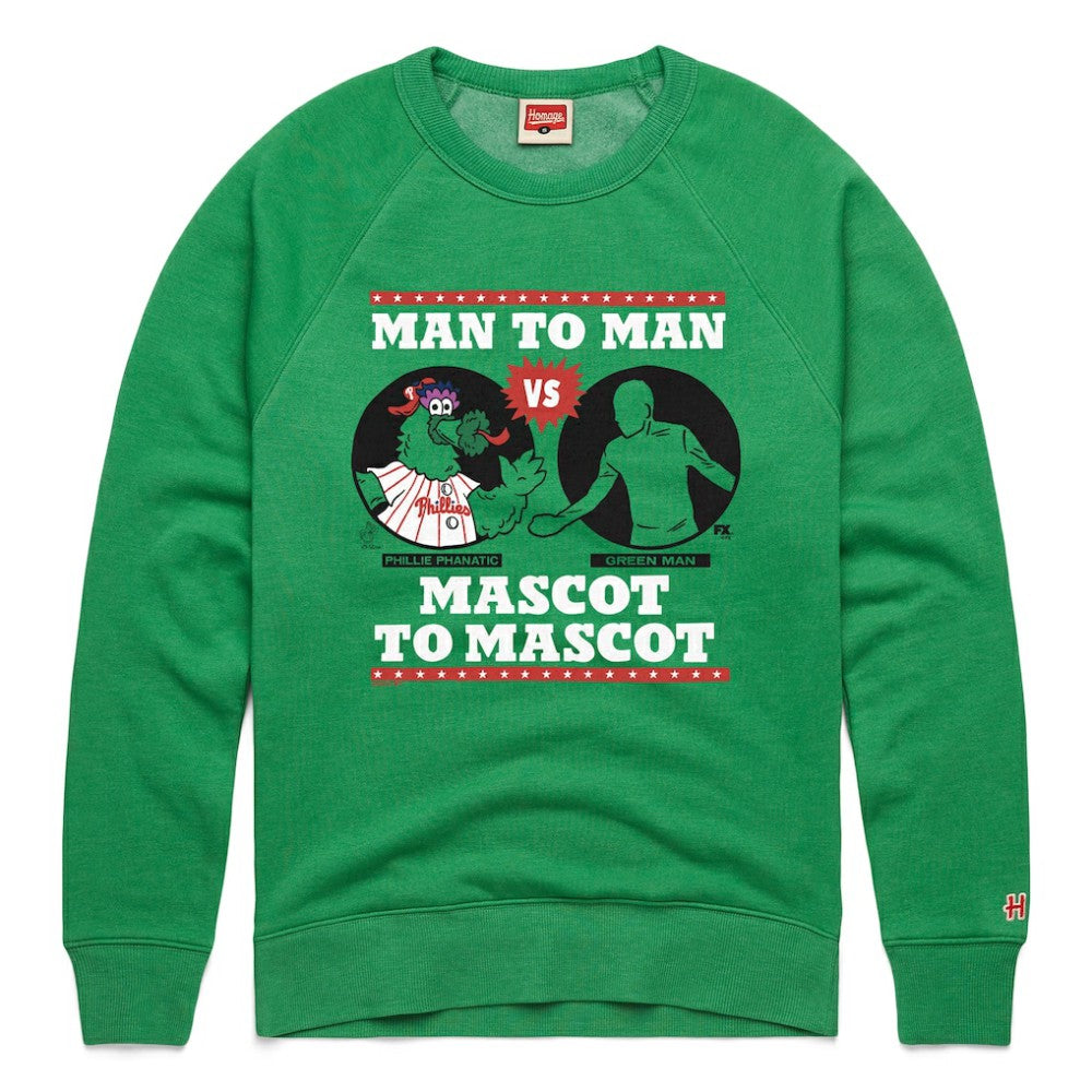 Philadelphia Phillies x It's Always Sunny in Philadelphia Homage Male Adult Phillie Phanatic vs Green Man Sweatshirt - MLB