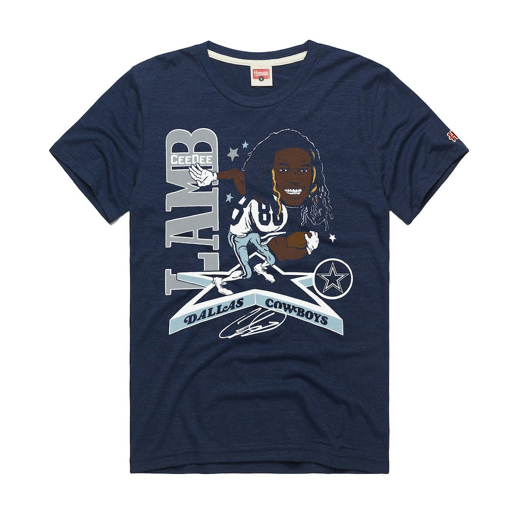 CeeDee Lamb Dallas Cowboys Homage Unisex Caricature Player Graphic Tri-Blend T-Shirt Navy | NFL