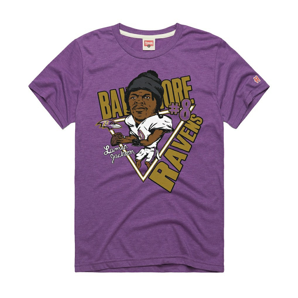 Lamar Jackson Baltimore Ravens Homage Unisex Caricature Player Graphic Tri-Blend T-Shirt Purple | NFL