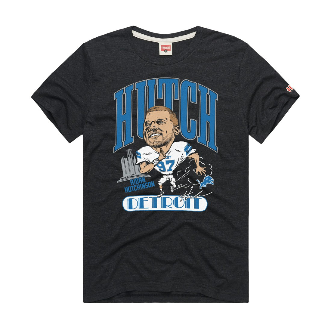 Aidan Hutchinson Detroit Lions Homage Unisex Caricature Player Graphic Tri-Blend T-Shirt Charcoal | NFL