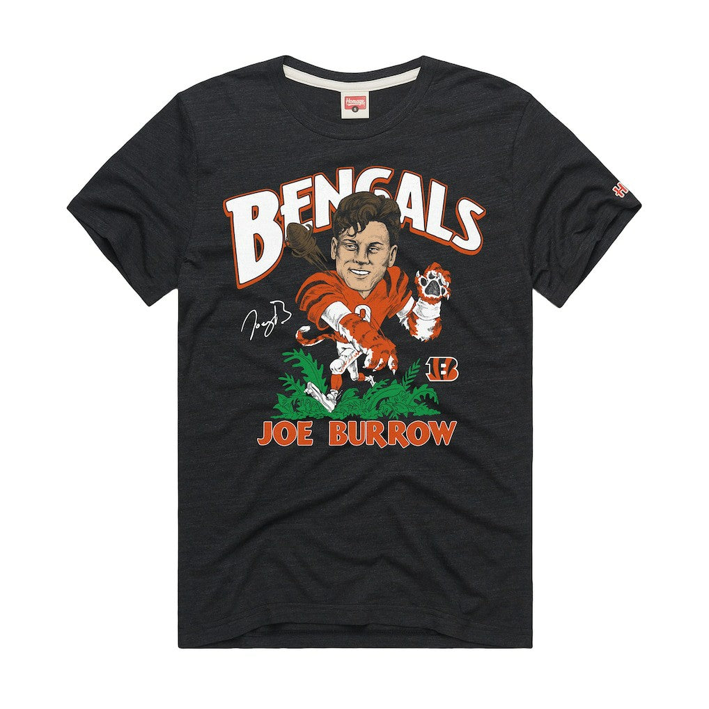 Joe Burrow Cincinnati Bengals Homage Unisex Caricature Player Graphic Tri-Blend T-Shirt Charcoal | NFL