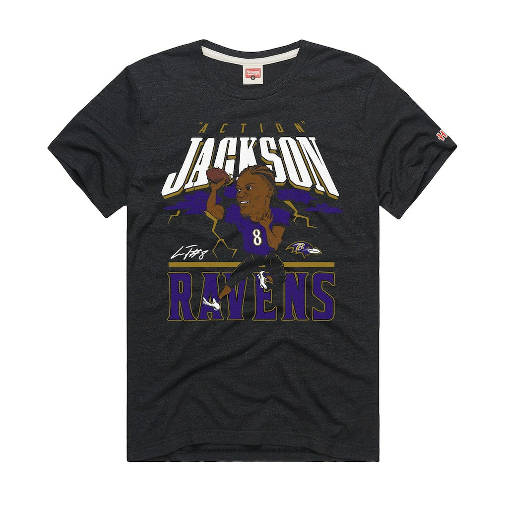 Lamar Jackson Baltimore Ravens Homage Unisex Caricature Player Graphic Tri-Blend T-Shirt Charcoal | NFL