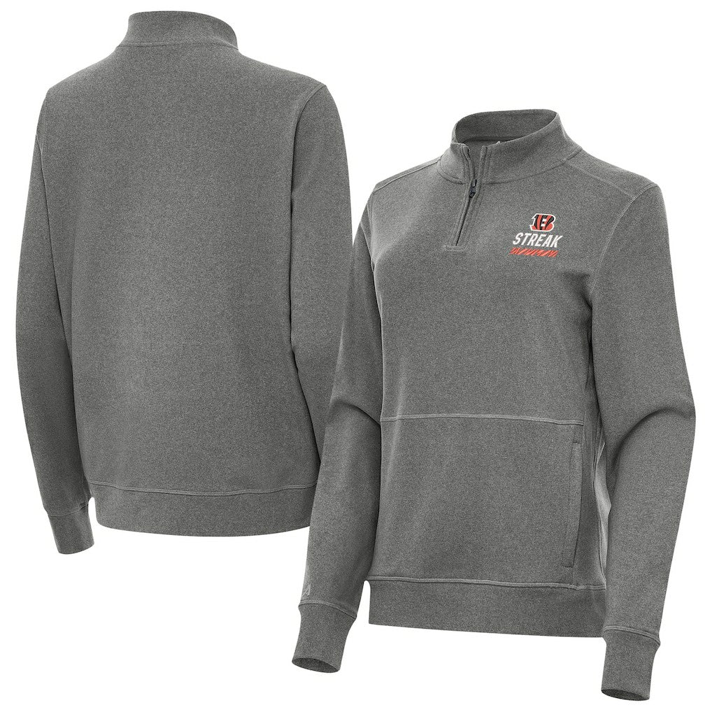 Cincinnati Bengals Antigua Women's Streak Crush Quarter-Zip Pullover Heather Black | NFL